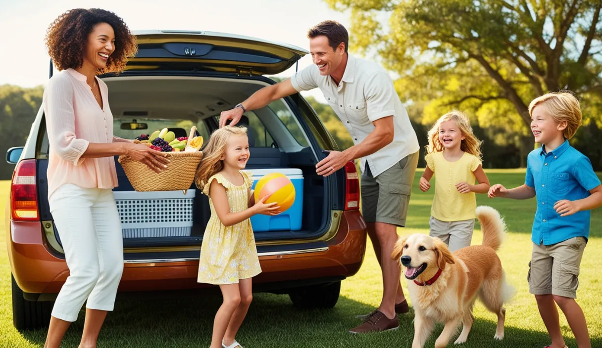 a family with two children and a dog standing in front of a car