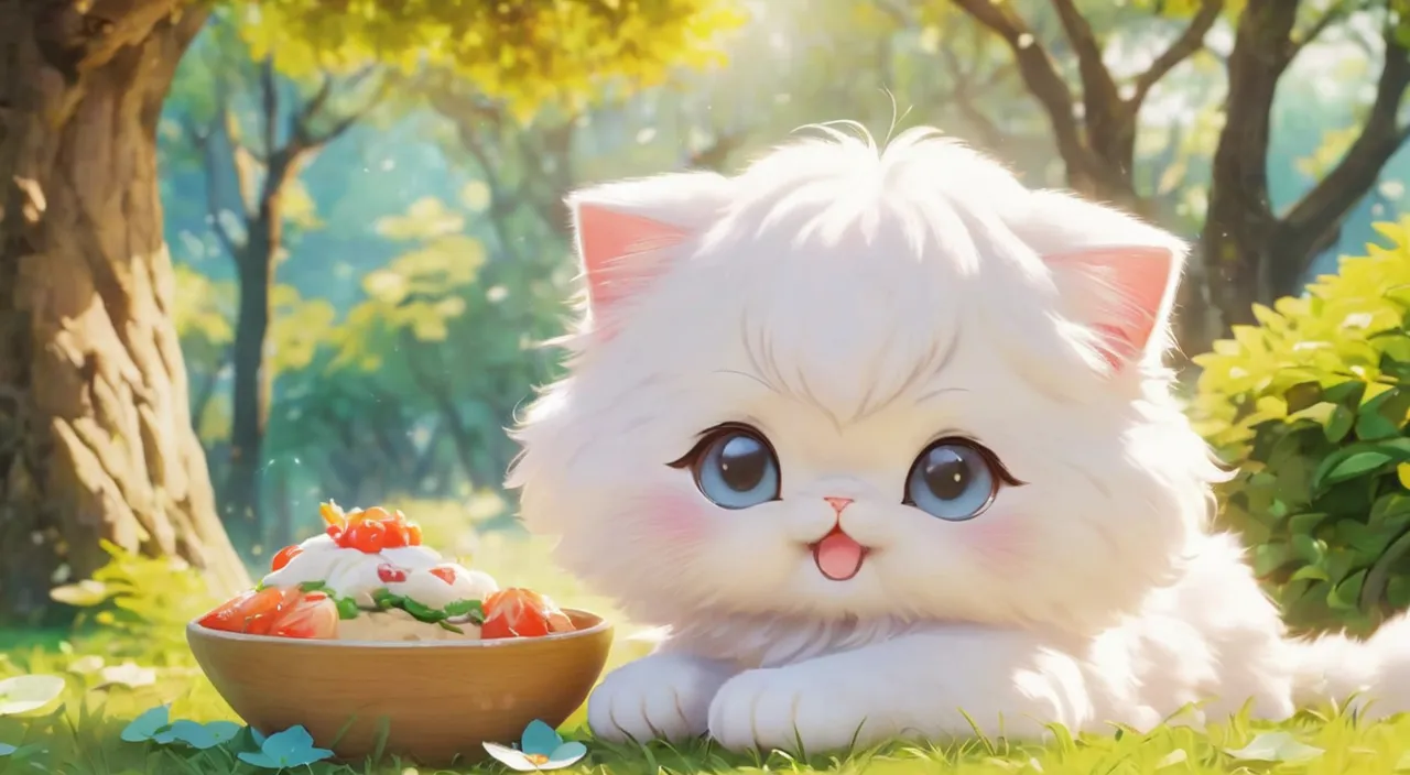 a white cat sitting next to a bowl of food