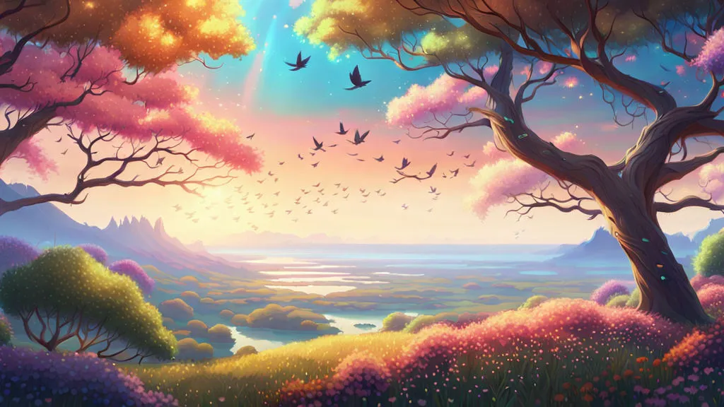 a painting of a beautiful landscape with trees and flowers