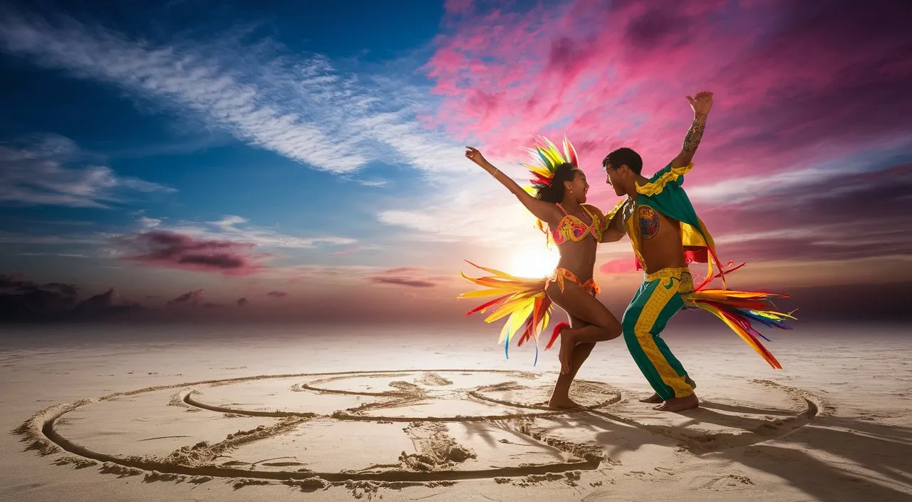 On the beach, a couple of samba dancers continue dancing until dawn, with the sky starting to clear.