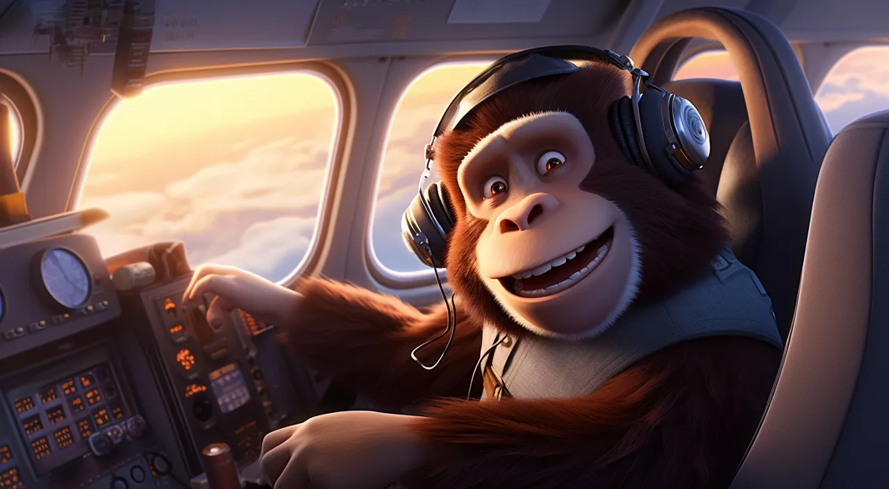 a monkey wearing headphones sitting in an airplane