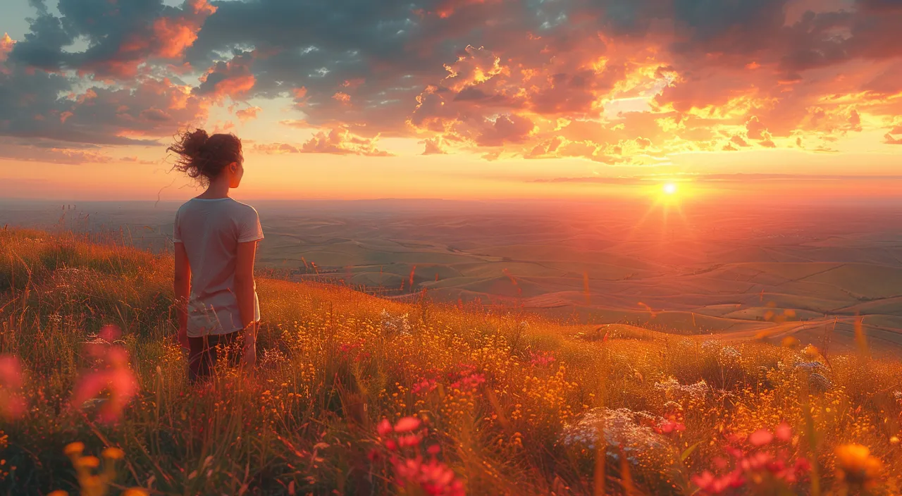 a woman standing on top of a lush green hillside