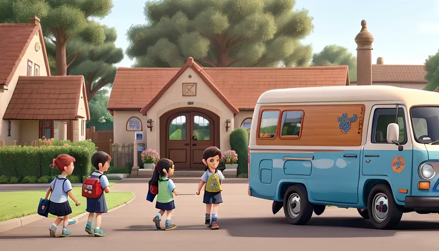 a group of children walking towards a blue bus