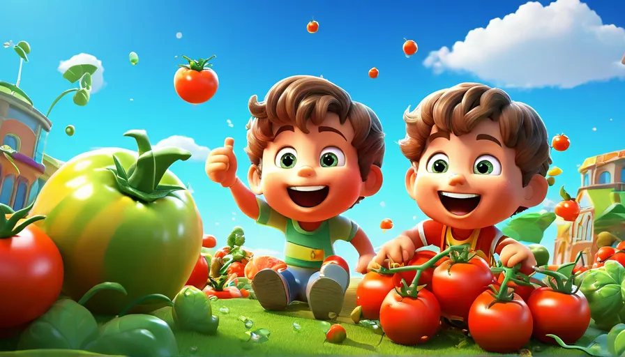 a couple of kids standing next to a pile of tomatoes