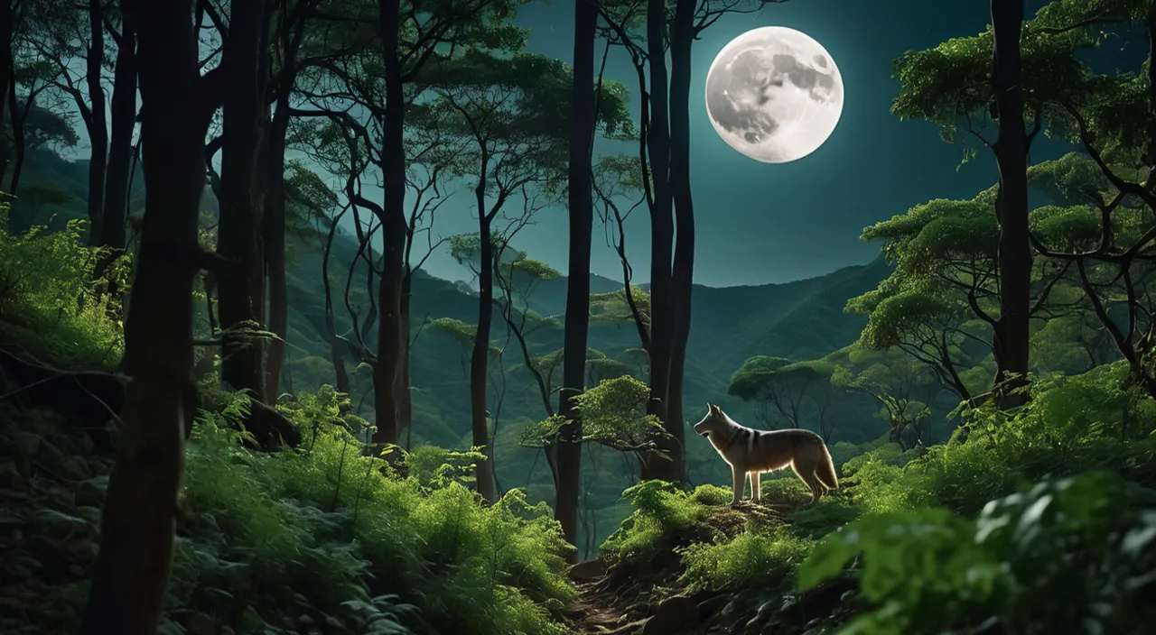 a wolf standing in the middle of a forest under a full moon