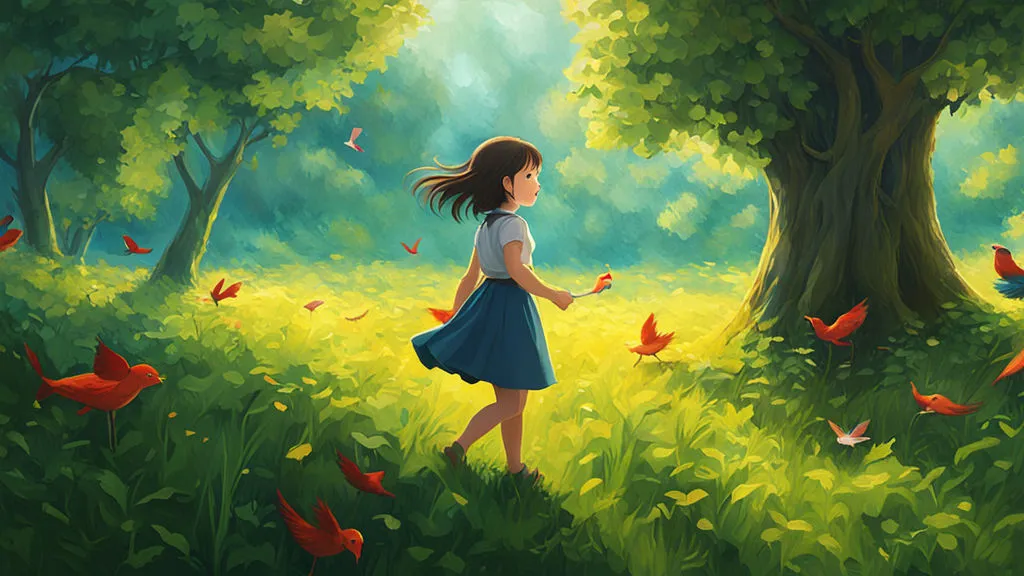 a painting of a little girl walking through a forest