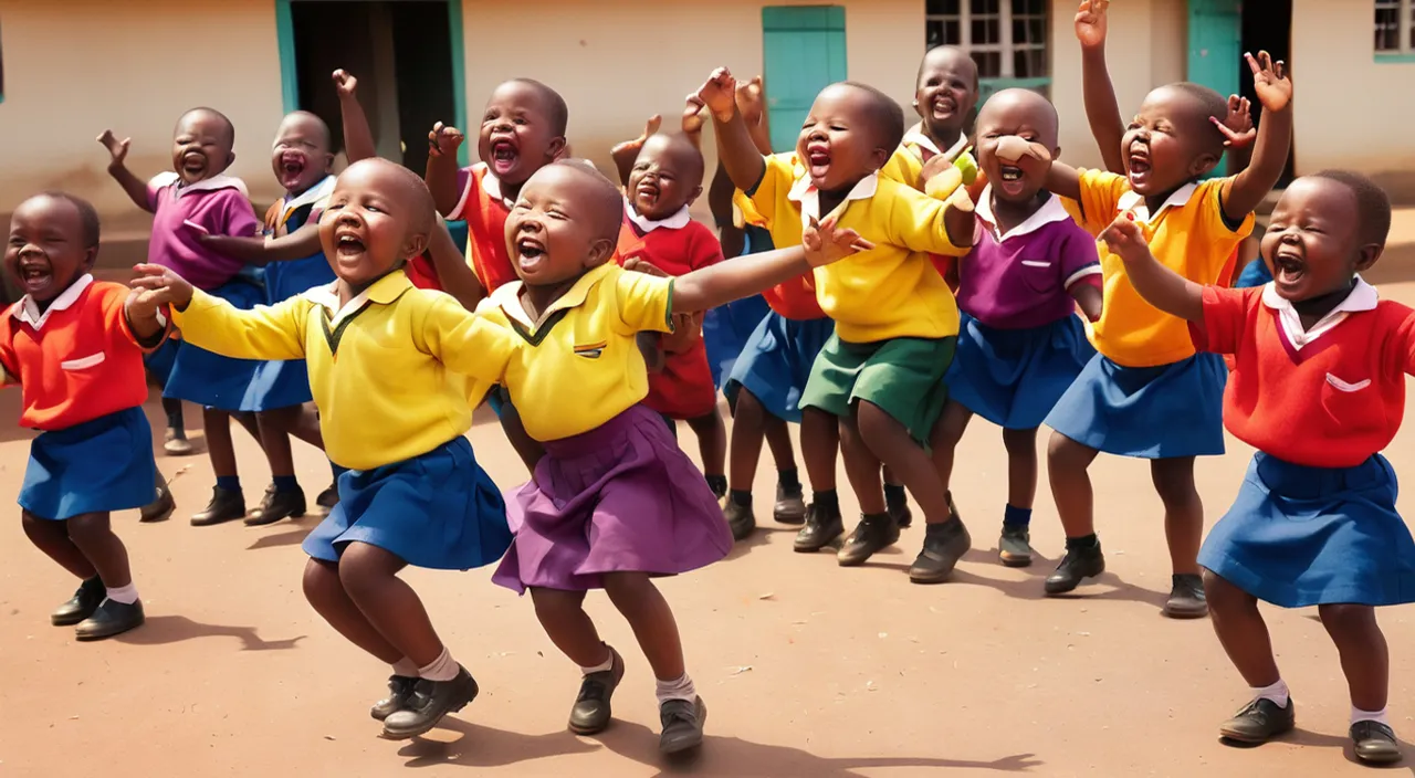 a group of children in school uniforms dance together