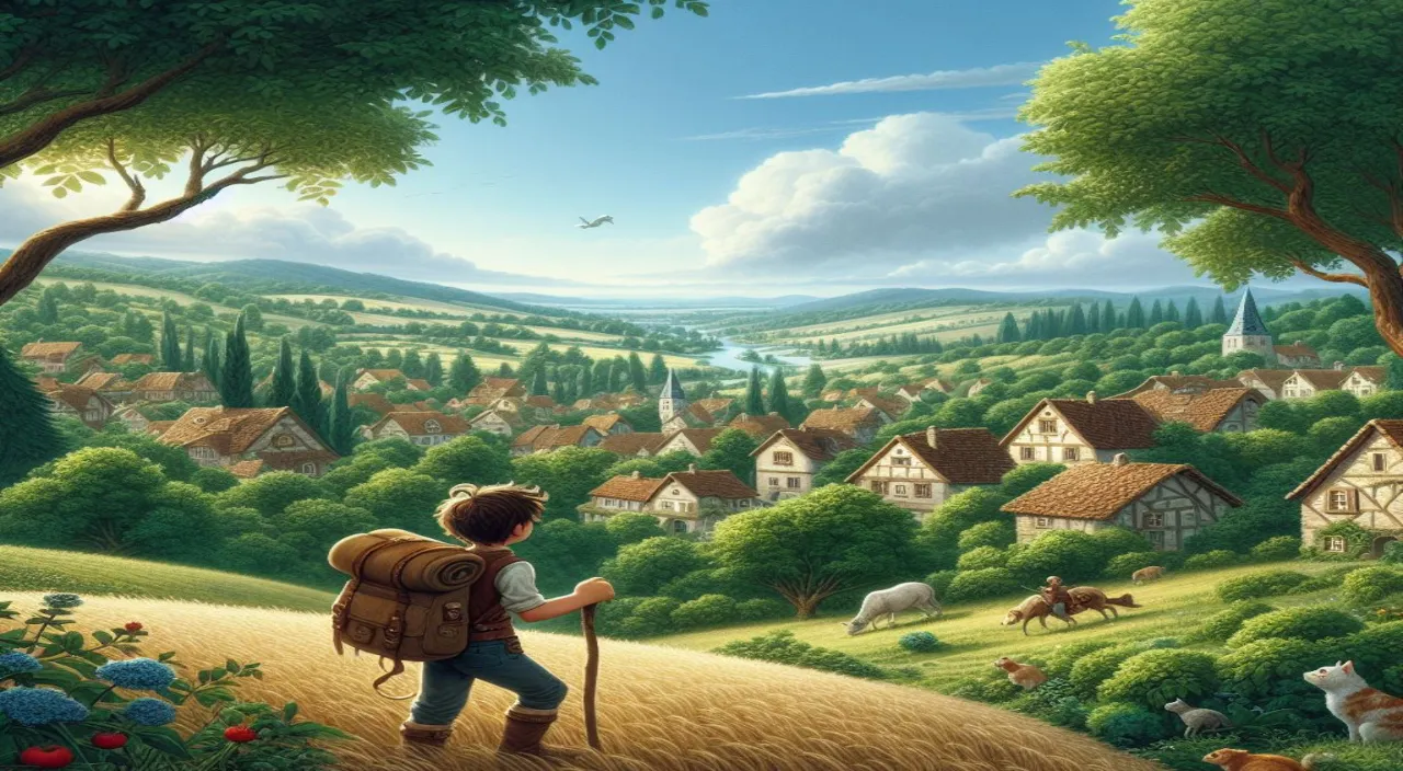 a painting of a boy with a backpack walking up a hill