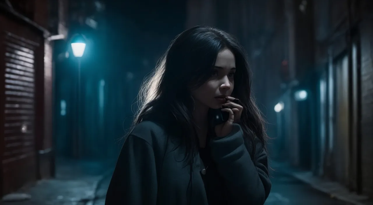 A woman talking on a phone with someone or something watching her in a dark alley