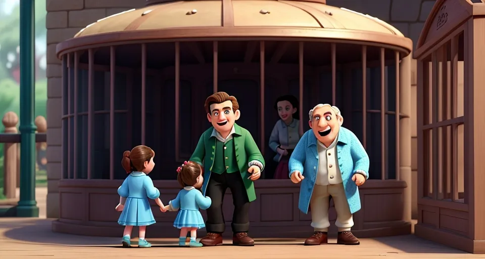 a group of animated people standing in front of a building