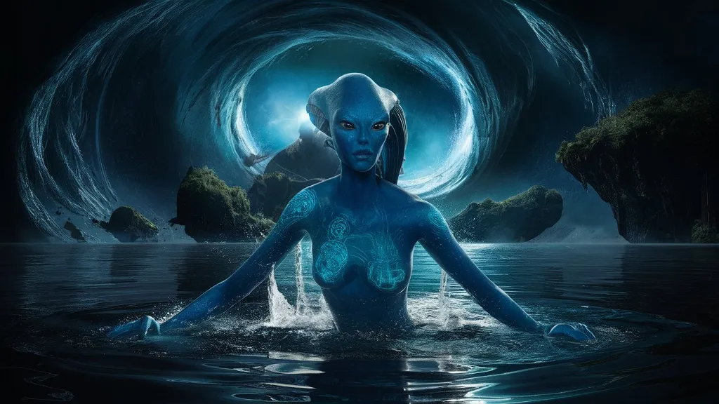 A stunning and intricate cinematic close-up of a blue alien entity emerging from the mystical waters of the Lake of Cosmic Knowledge. The

alien's skin is adorned with holographic ancient alien symbols that shimmer with an otherworldly glow. The floating islands are visible in the background, with the lake's waters reflecting the dark sci-fi fantasy atmosphere. The scene is rendered in 4K quality, showcasing the highest level of photorealistic detail, making it perfect for a blockbuster movie.