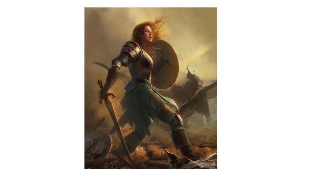 a painting of a woman with a sword and shield