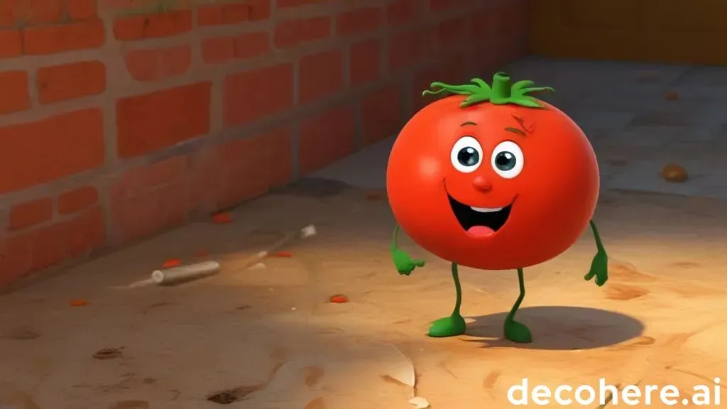 a tomato with a funny face standing in front of a brick wall