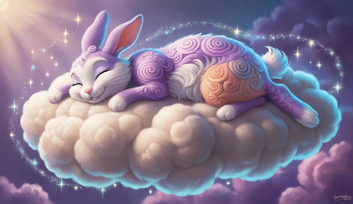 a painting of a rabbit sleeping on top of a cloud