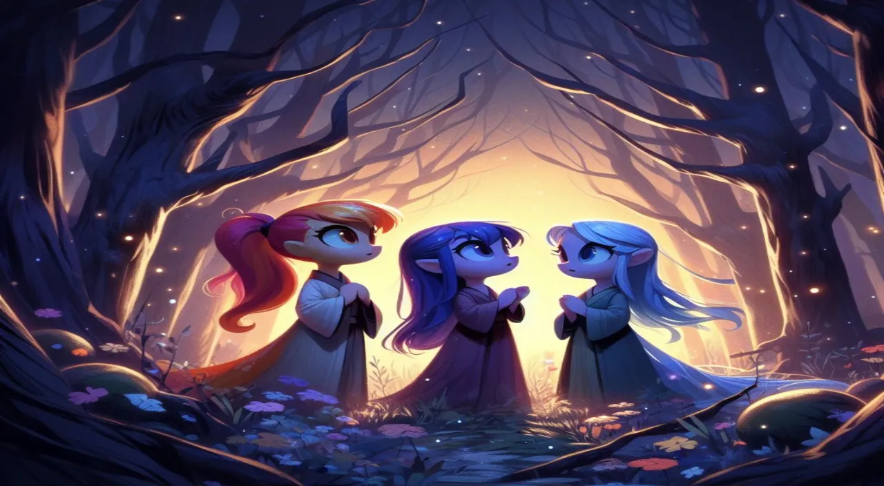 three little girls standing in a forest at night