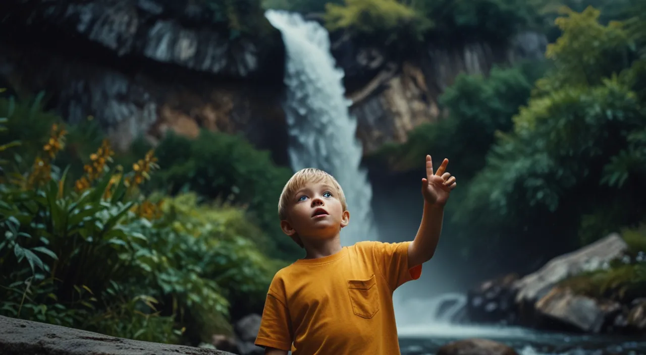 a young boy standing in front of a waterfall