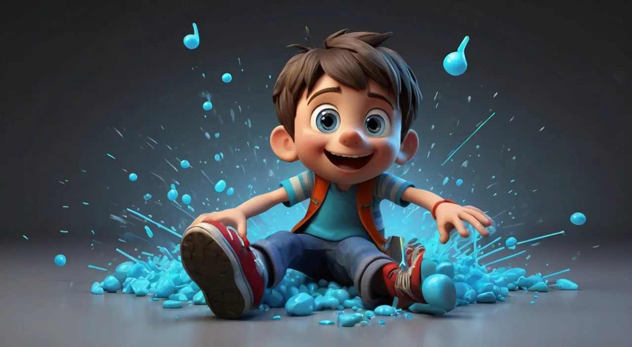 a cartoon boy sitting on the ground surrounded by blue bubbles