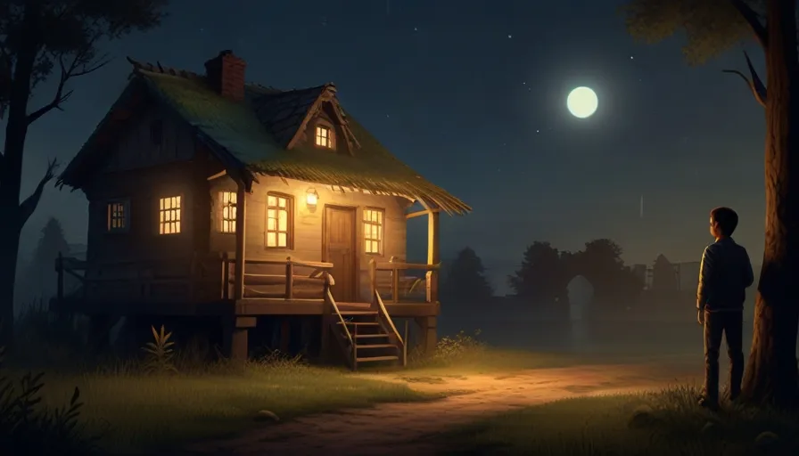 a man standing in front of a house at night