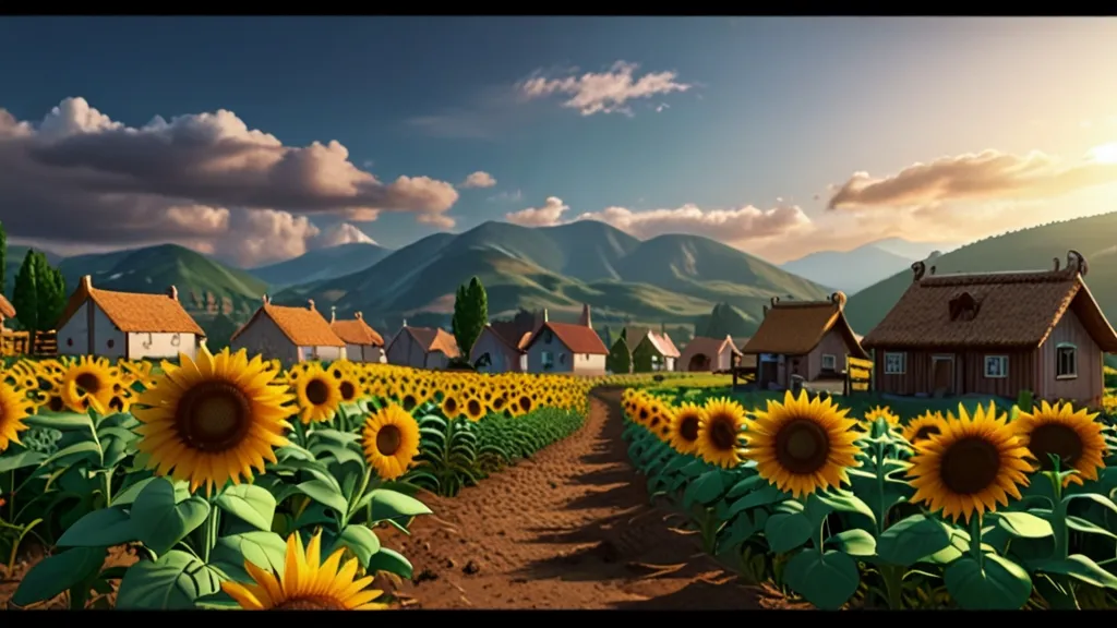 a large field of sunflowers with houses in the background