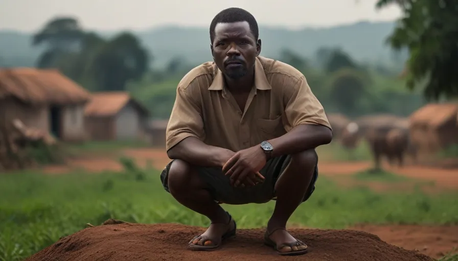 a man kneeling down on top of a dirt mound