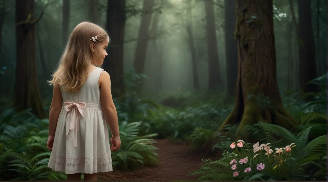 a little girl standing in the middle of a forest