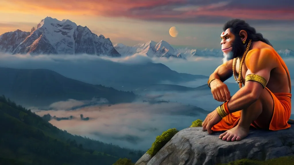 Create a god hanuman with a golden background, 8k, size of 1920x1080, colorful
