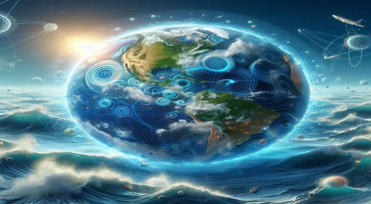 a painting of the earth surrounded by water and clouds