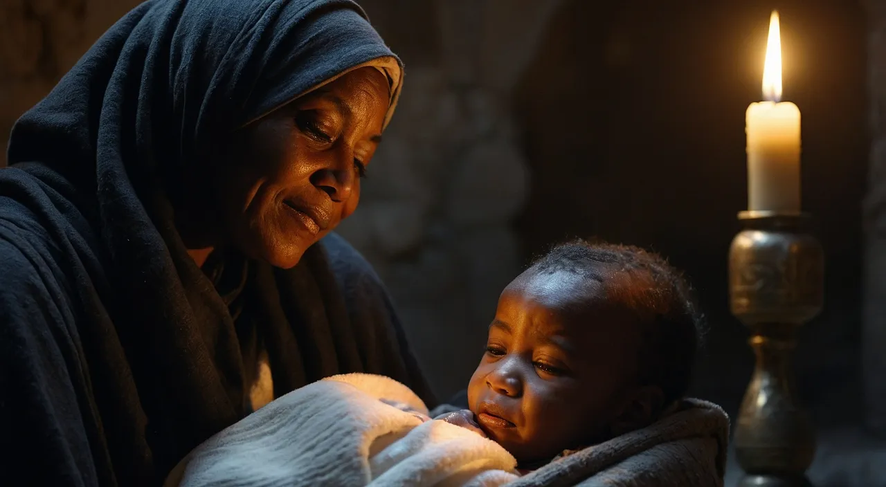 a woman holding a child in her arms in front of a lit candle