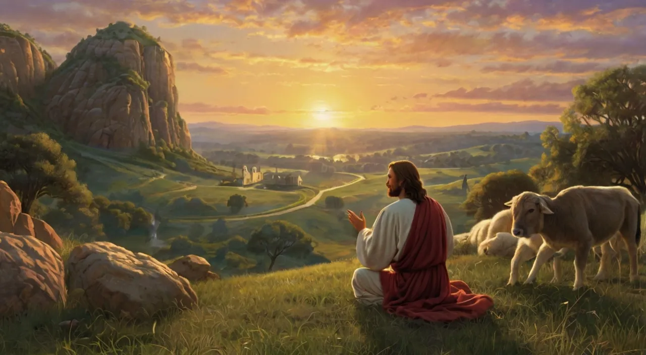 a painting of jesus sitting on a hill with sheep