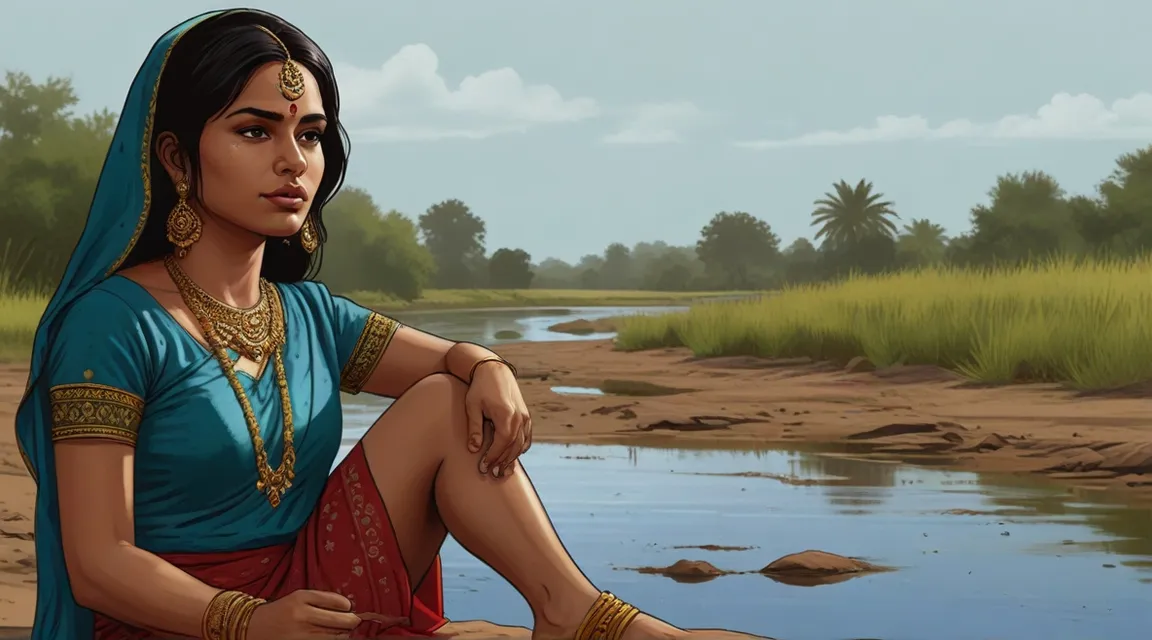 a painting of a woman sitting on the ground next to a river