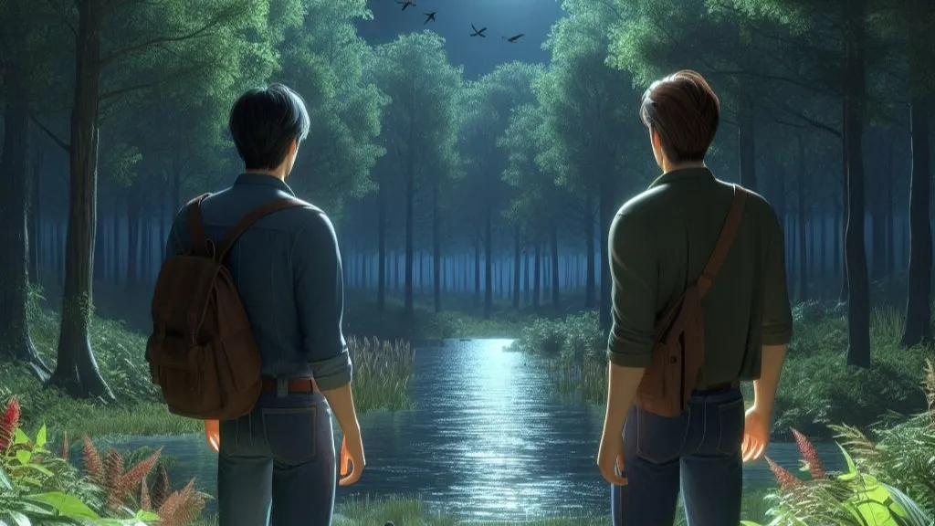 Two young men moving towards the pond in the darkness of the night