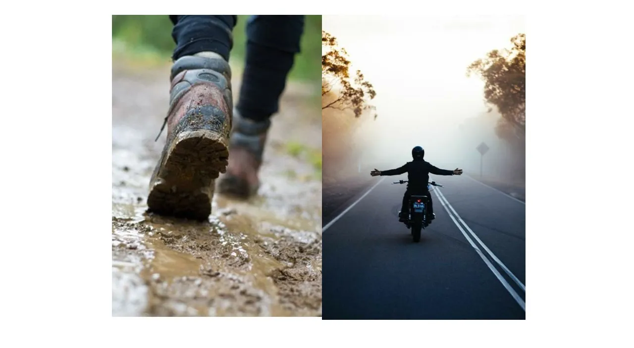 Photo collage. the first a man walks along a muddy path, in the other image, a man follows a road riding his motorbike while observing a beautiful landscape