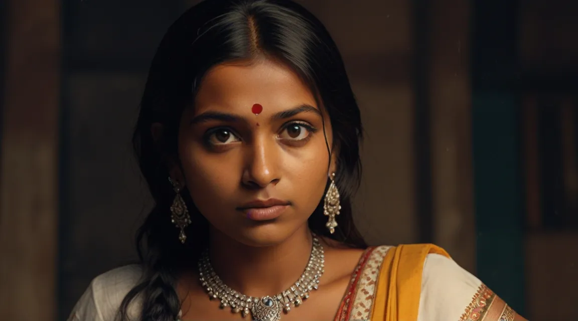 a woman wearing a necklace and a sari