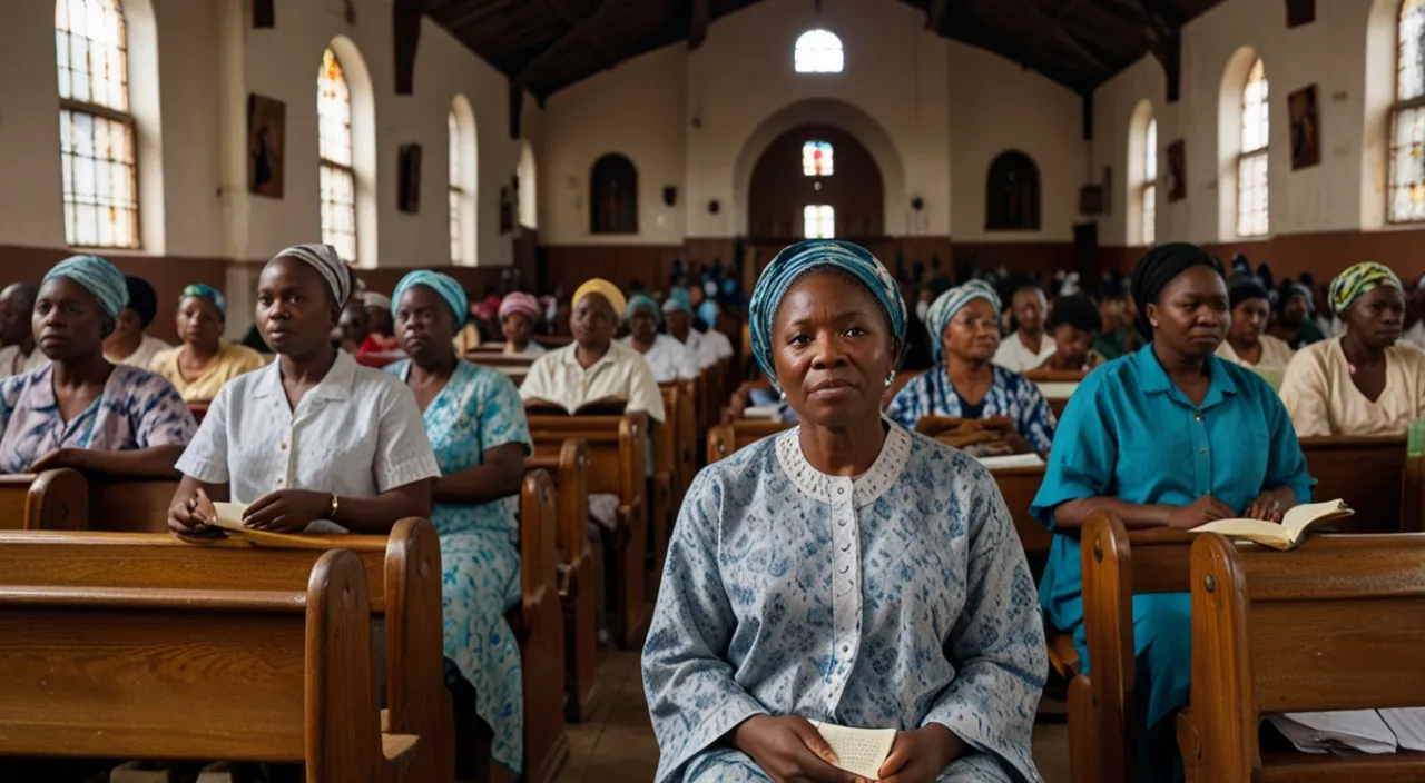 The interior of the Nigerian church, filled with people singing hymns and praying.
The warm, inviting atmosphere of a typical Sunday service.
