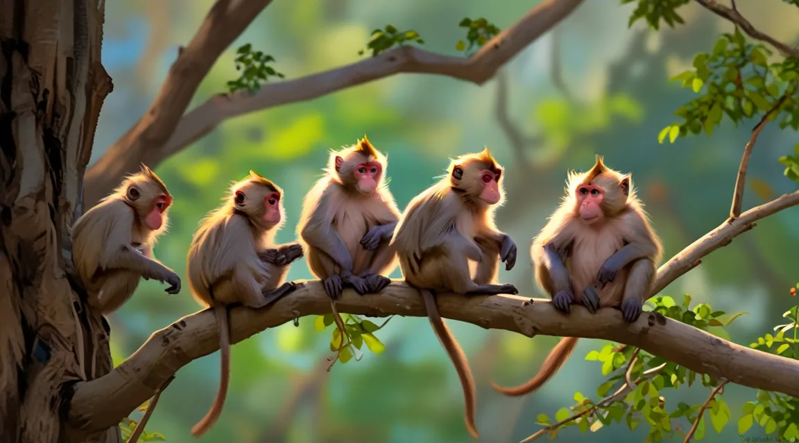 a group of monkeys sitting on a tree branch