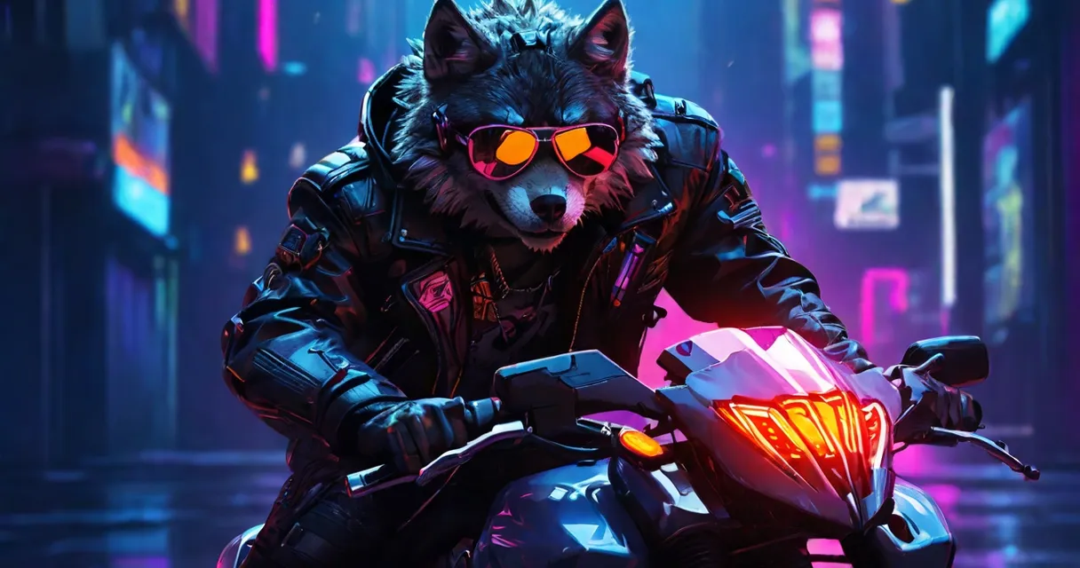 Cyberpunk wolf on a motorcycle racing through a decaying cityscape