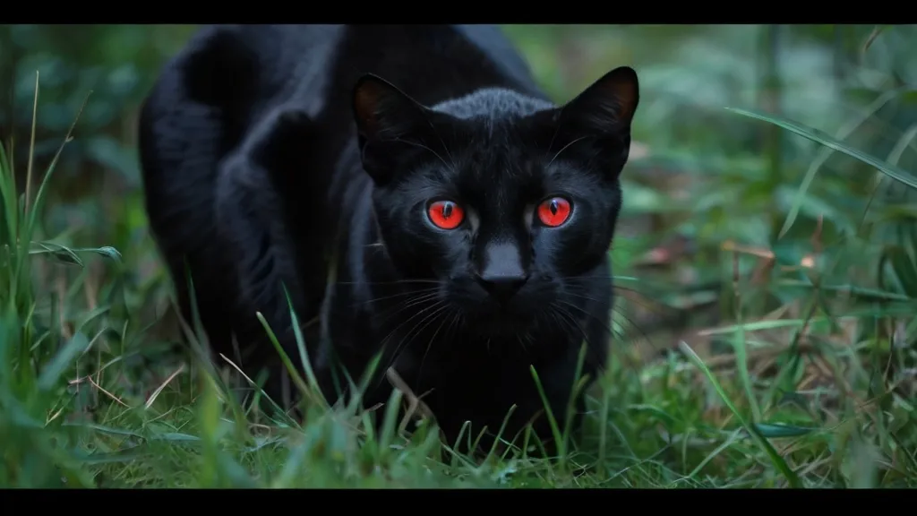 a black cat with red eyes walking through the grass