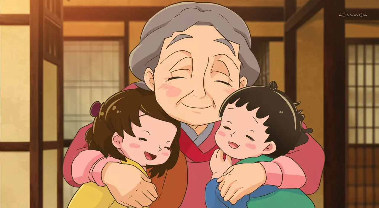 an older woman hugging two small children