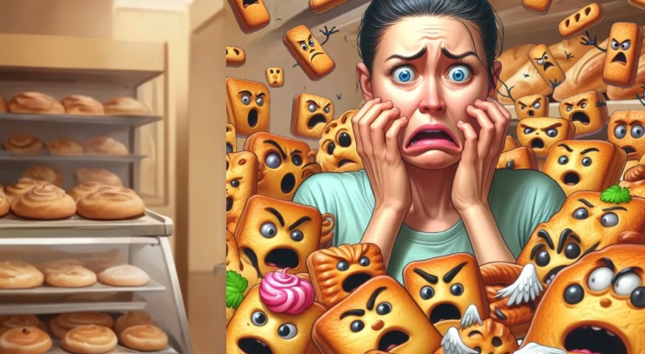 a painting of a woman surrounded by angry baked goods