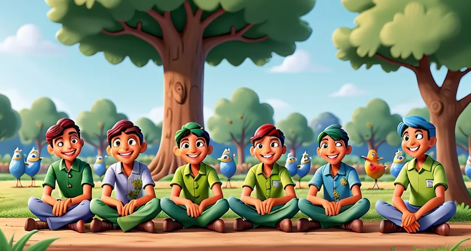 a group of people sitting on the ground in front of a tree smiling, gossiping, moving body slowly, beautiful nature, nice scene, looking all fantastic 