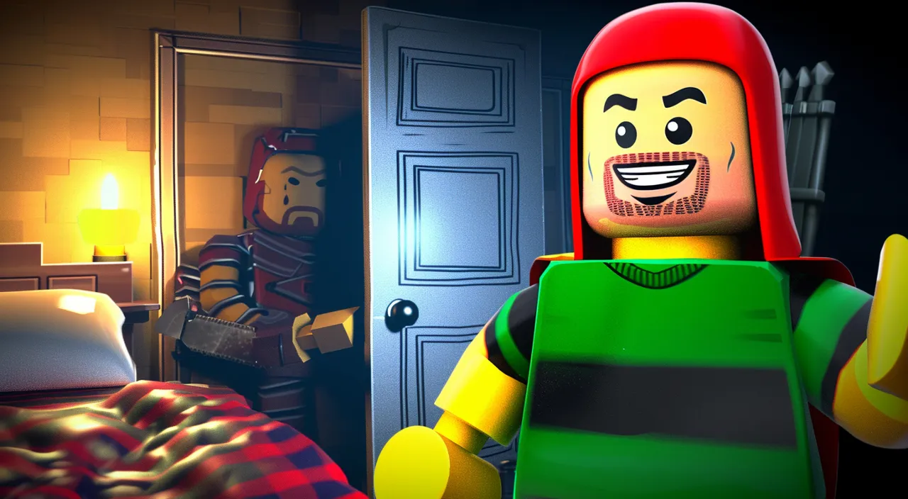 a lego character standing in a bedroom next to a bed