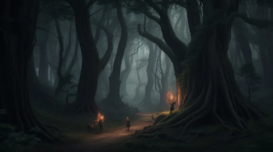 a dark forest with two people holding torches