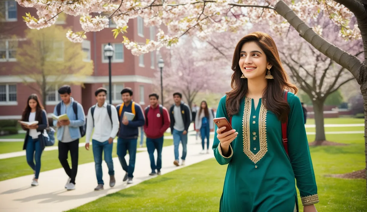 Campus Serenade: On a university campus, a Pakistani girl walking under a blossoming tree, a Bollywood song softly playing from her phone. The 4K wide shot captures students walking by and studying, but her smile and dreamy gaze reveal she is thinking about her boyfriend, who is attending a university in the United States, lost in her own romantic world.