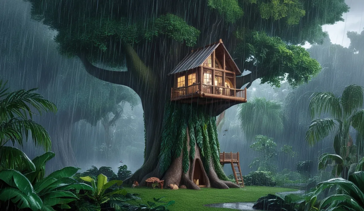 a tree house in the middle of a forest rainy day