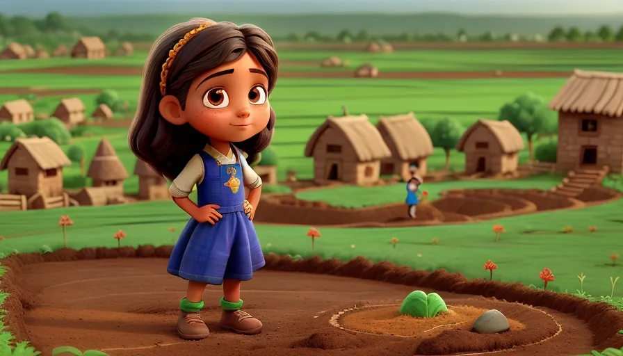 a little girl standing in a field with a village in the background