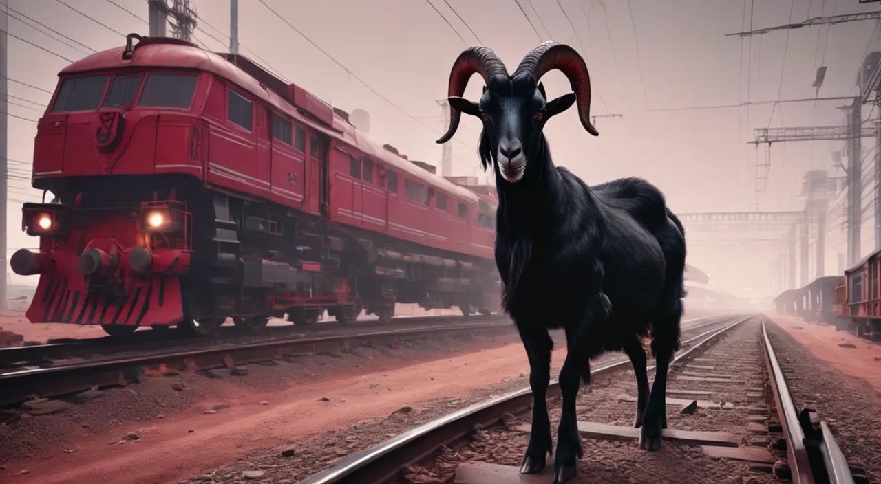 a black goat standing on a train track next to a red train