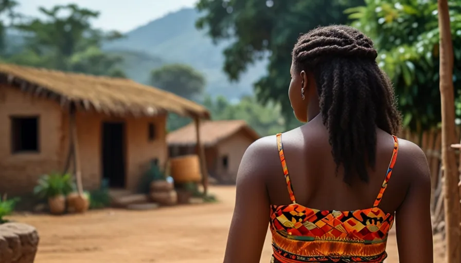 a woman walking down a dirt road next to houses