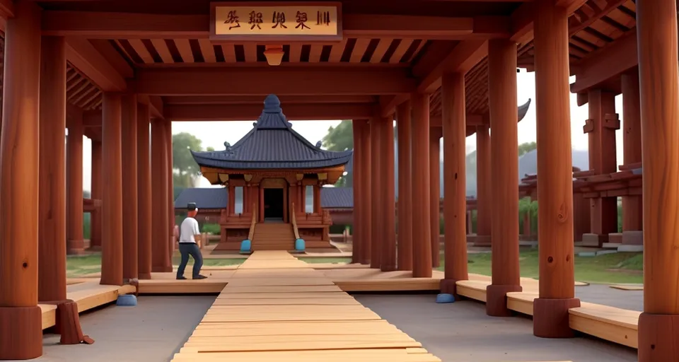 a man is standing under a wooden structure