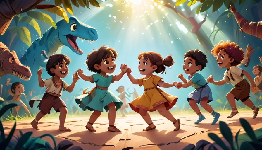 a group of children dancing in front of a dinosaur