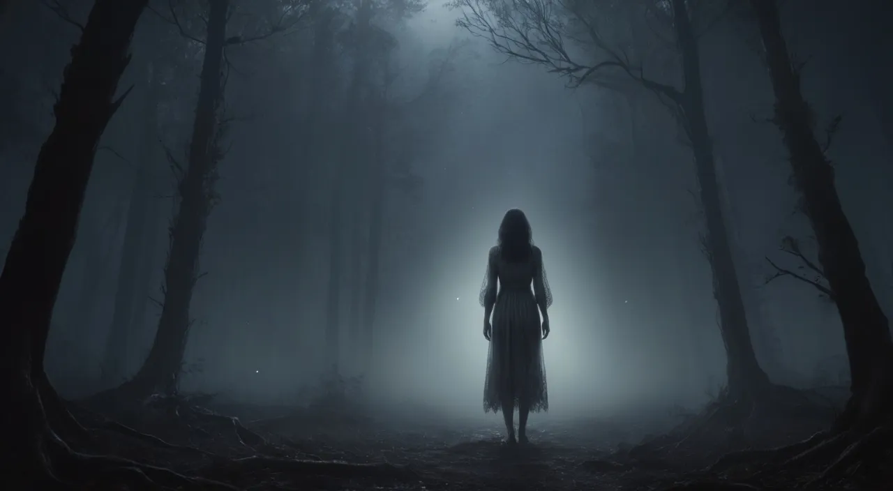 a woman standing in the middle of a dark forest